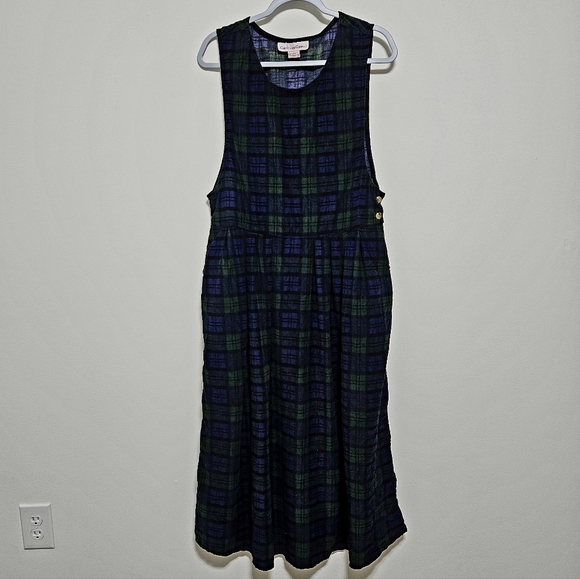 VTG Womens Overall Corduroy Maxi Dress 100% Cotton Tartan Jumper Blue Green L - Picture 2 of 15